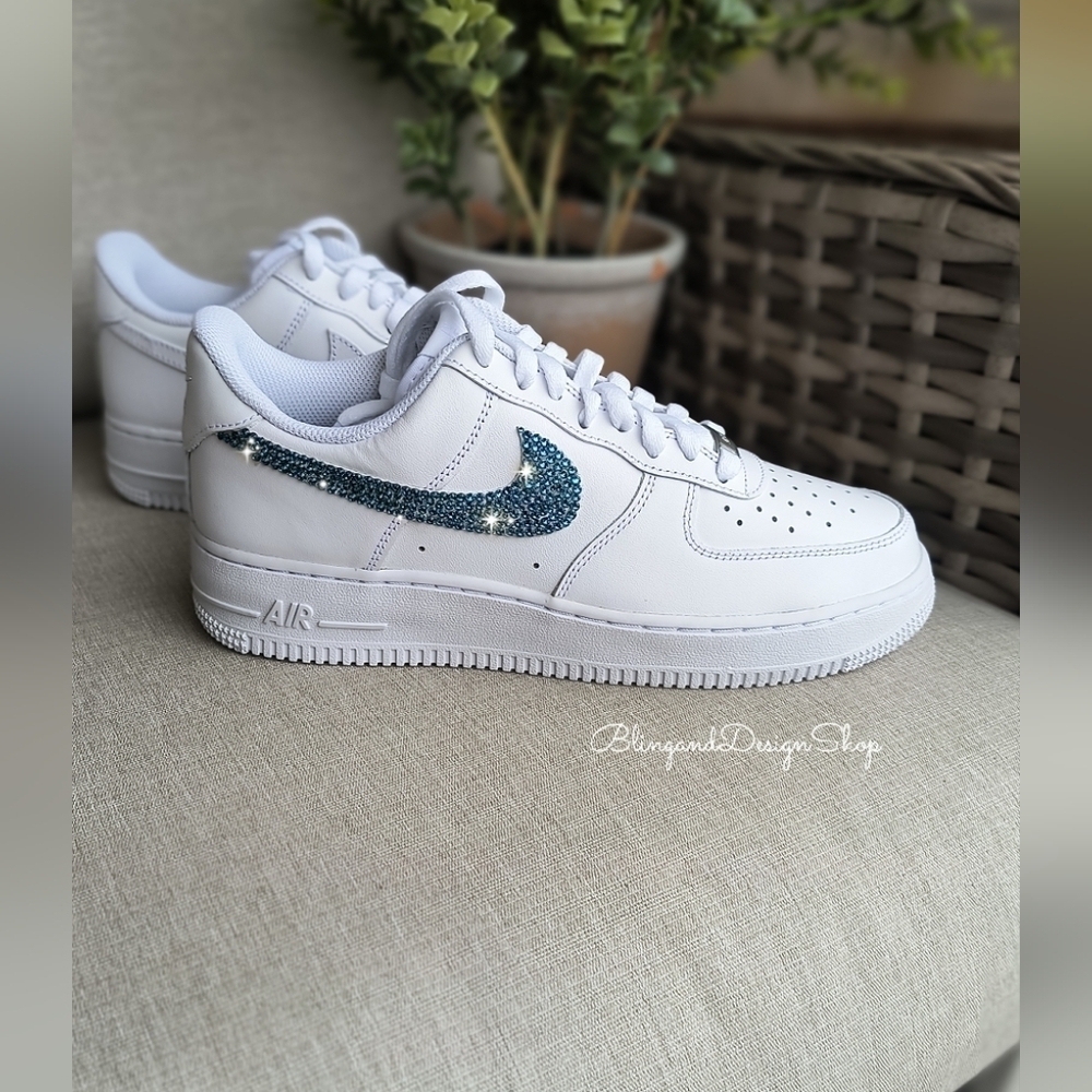 Bling Womens Nike Air Force 1 White Sneakers Shoes made with Blue Crystals - Picture 7 of 7
